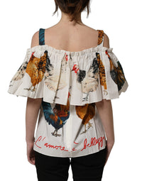 Dolce & Gabbana Dolce & Gabbana White Rooster Print Poplin Off The Shoulder Women's Top