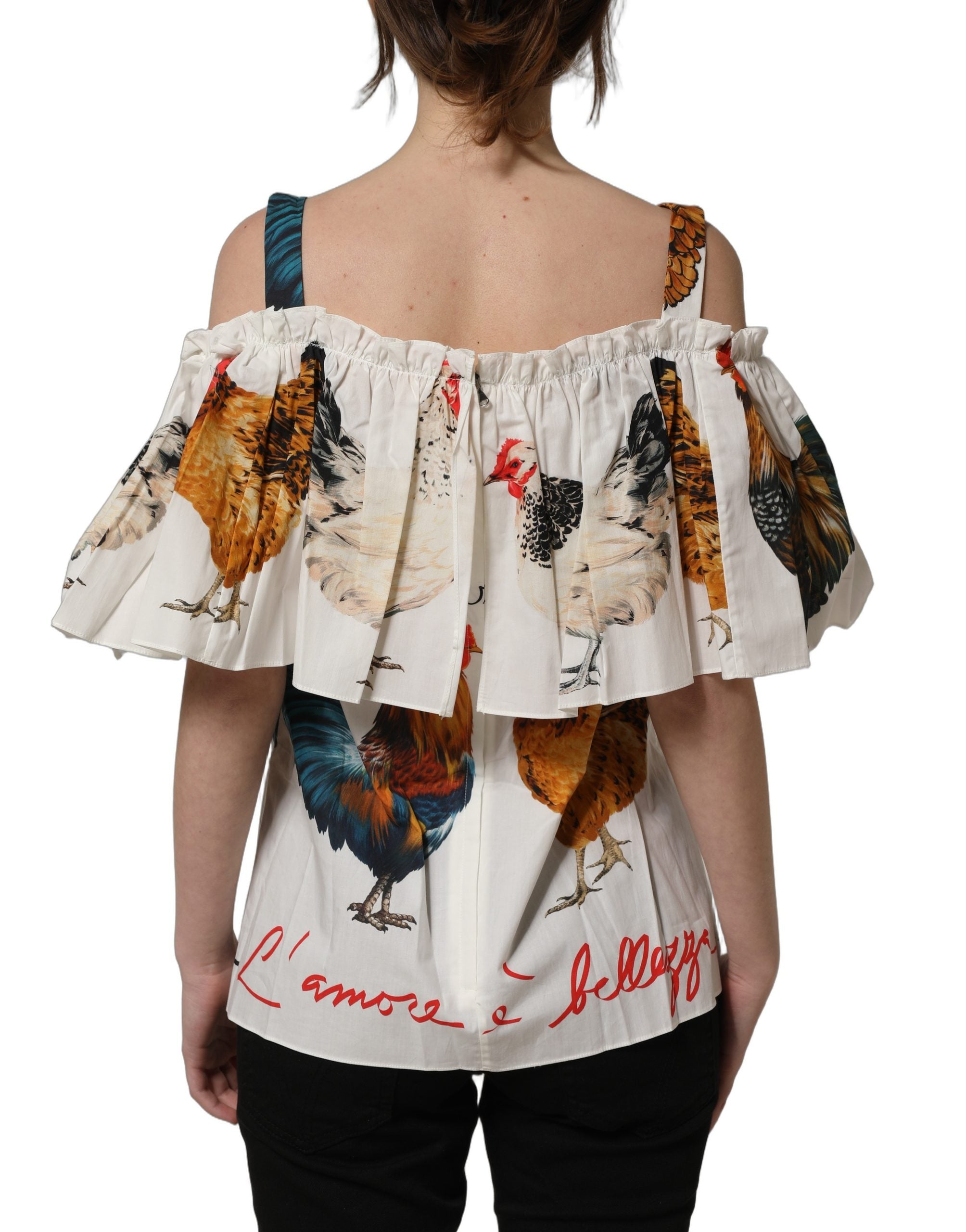 Dolce & Gabbana Dolce & Gabbana White Rooster Print Poplin Off The Shoulder Women's Top