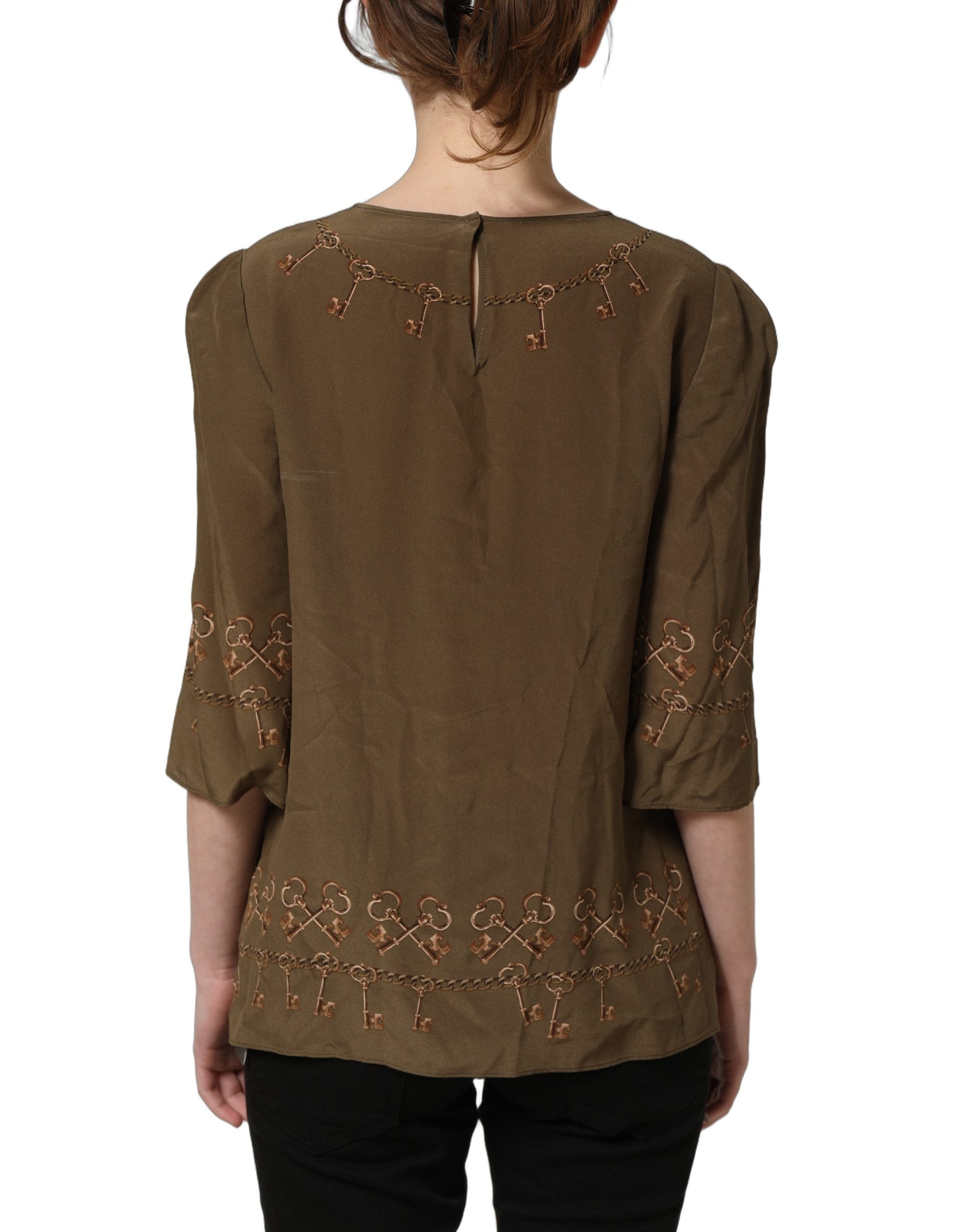 Dolce & Gabbana Dolce & Gabbana Brown Keys Roses Printed Silk Blouse Women's Top
