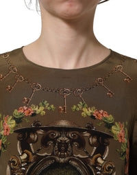 Dolce & Gabbana Dolce & Gabbana Brown Keys Roses Printed Silk Blouse Women's Top