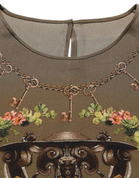 Dolce & Gabbana Dolce & Gabbana Brown Keys Roses Printed Silk Blouse Women's Top