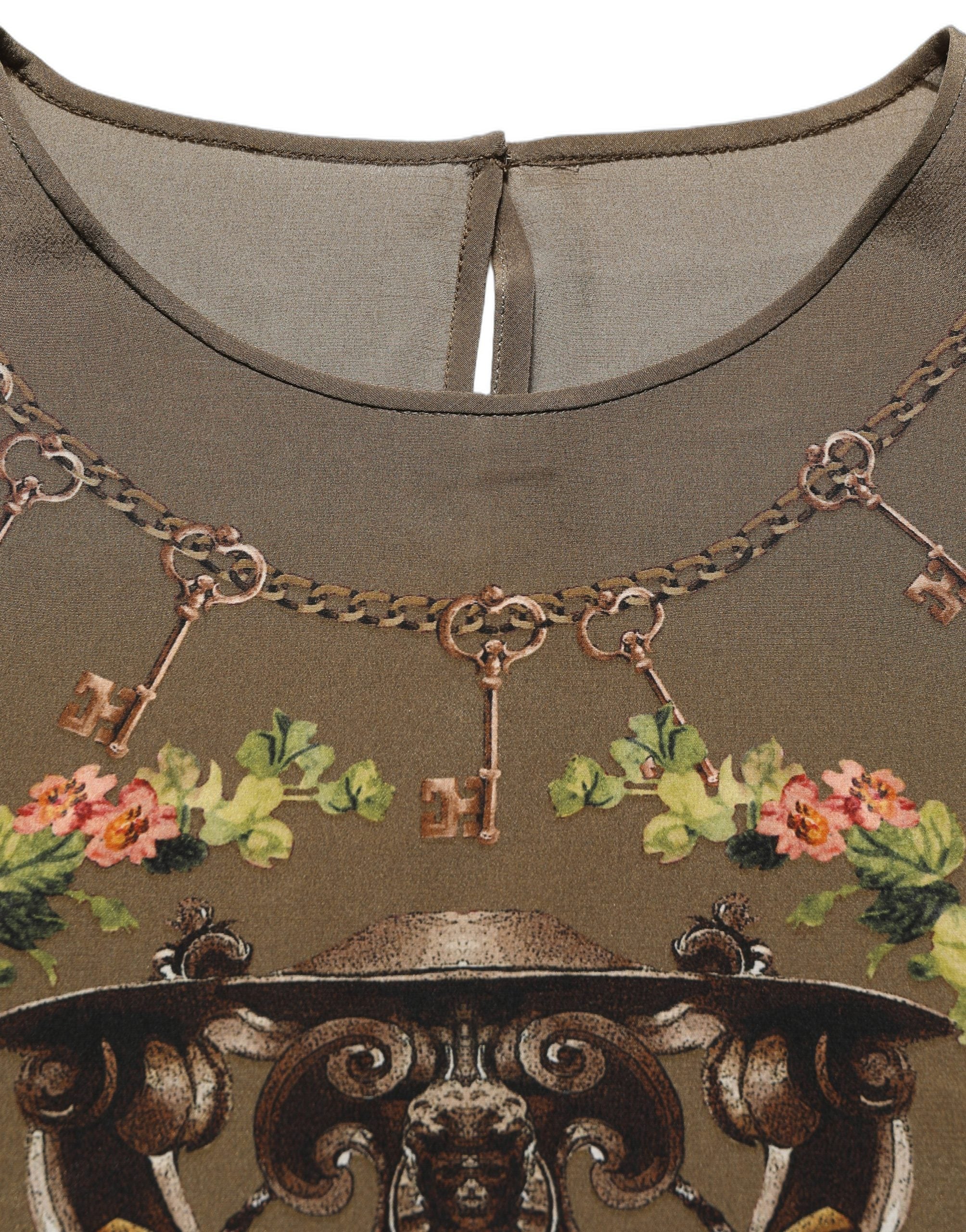 Dolce & Gabbana Dolce & Gabbana Brown Keys Roses Printed Silk Blouse Women's Top