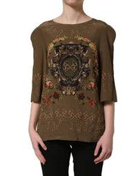 Dolce & Gabbana Dolce & Gabbana Brown Keys Roses Printed Silk Blouse Women's Top