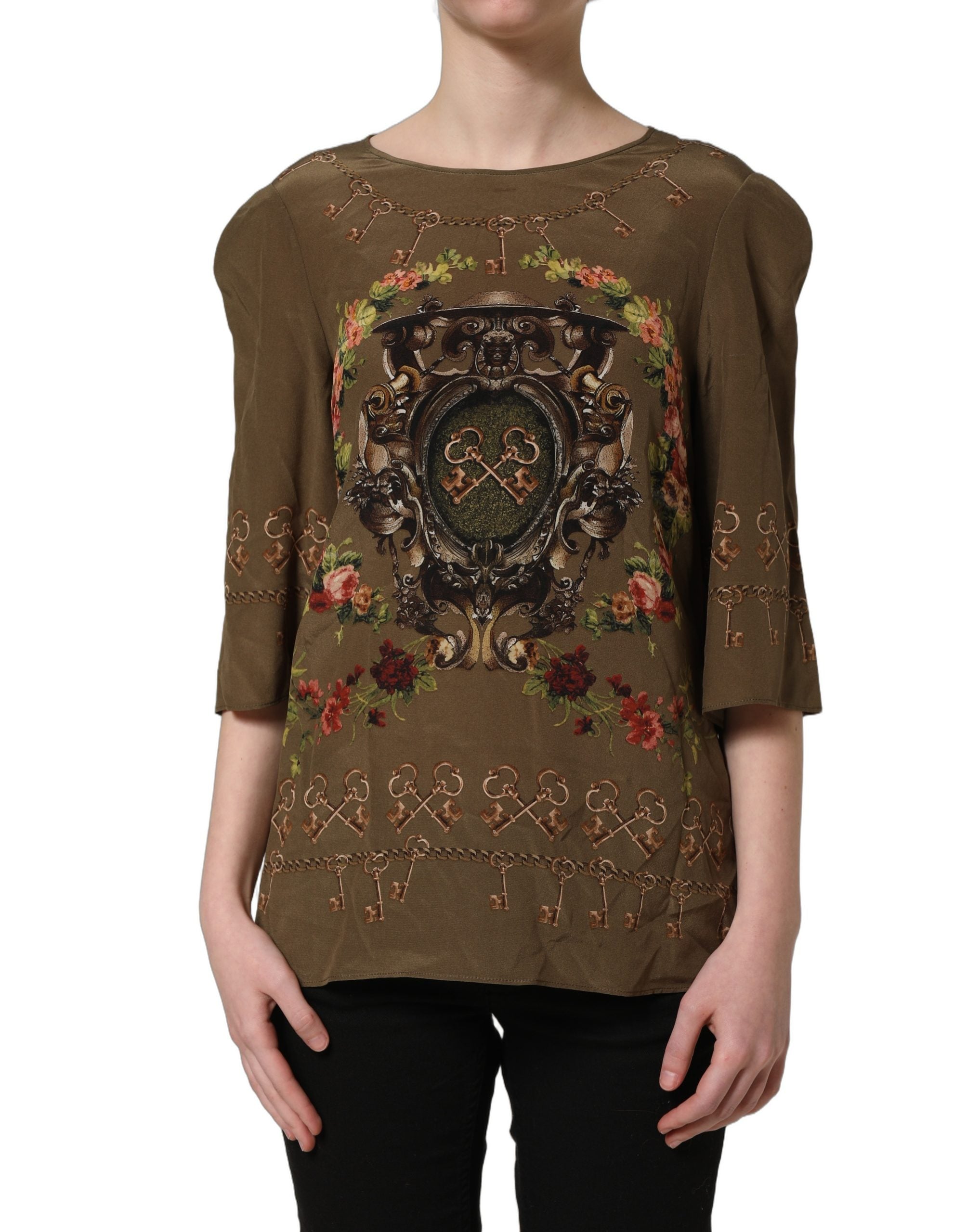 Dolce & Gabbana Dolce & Gabbana Brown Keys Roses Printed Silk Blouse Women's Top