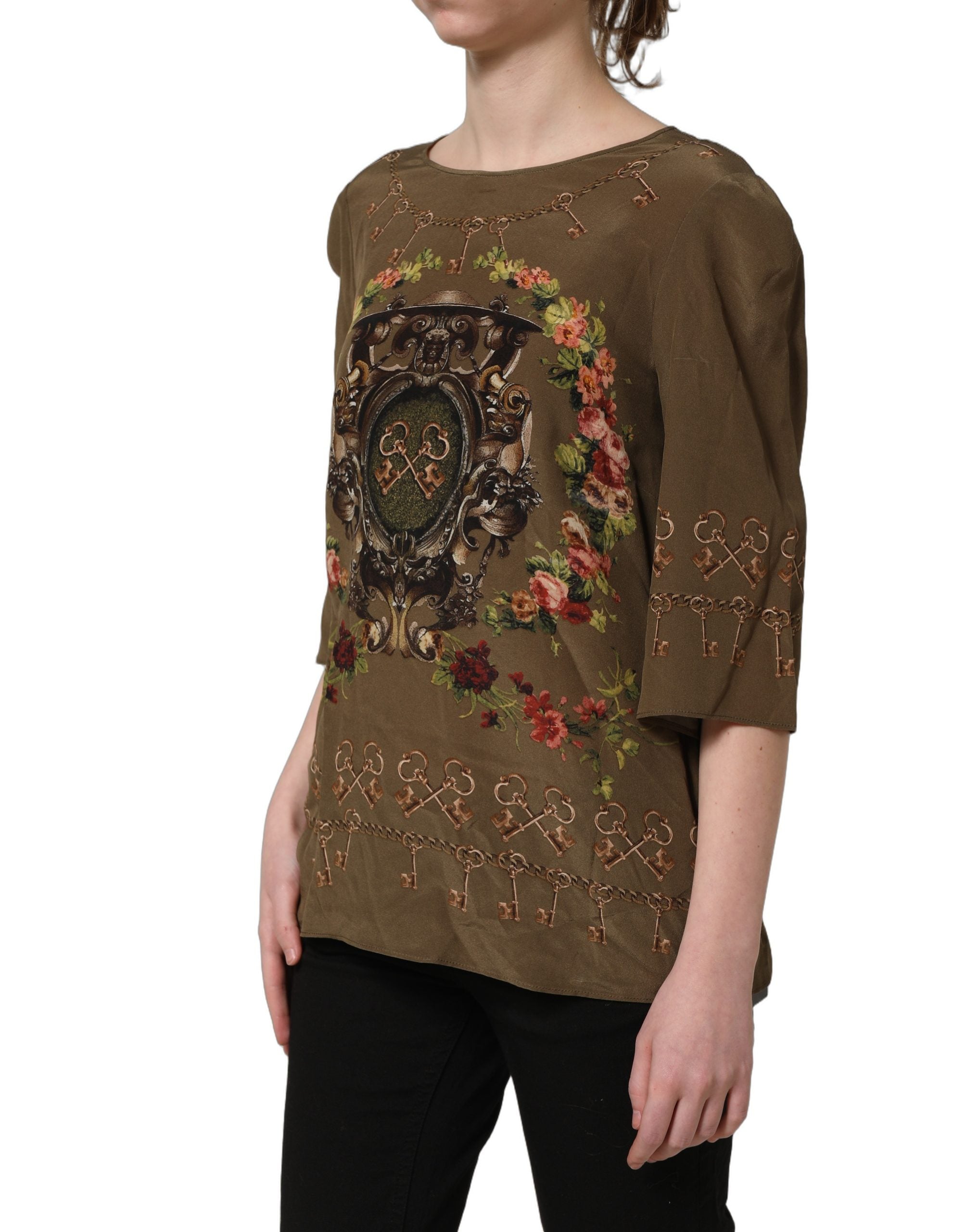 Dolce & Gabbana Dolce & Gabbana Brown Keys Roses Printed Silk Blouse Women's Top