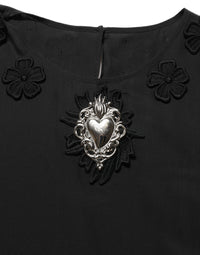 Dolce & Gabbana Dolce & Gabbana Black Floral Silk Heart Appliqué Blouse Women's Top