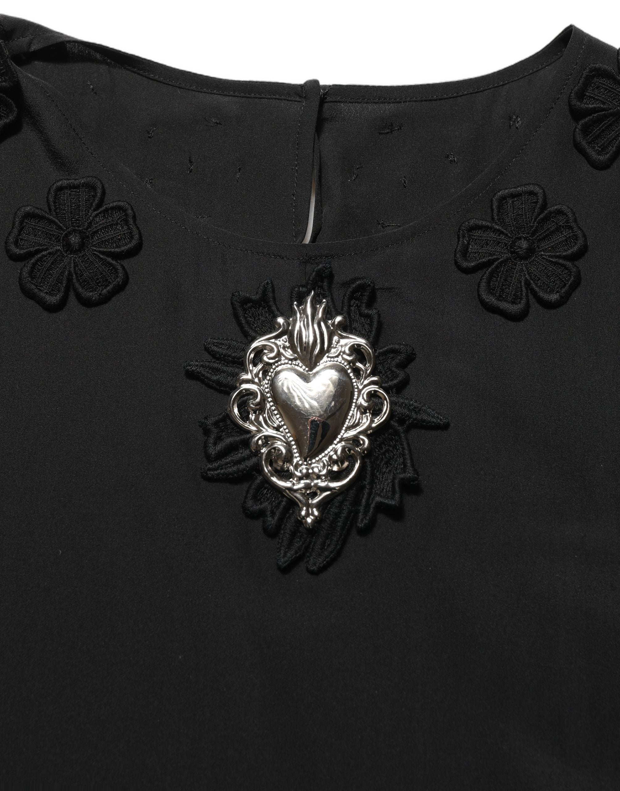 Dolce & Gabbana Dolce & Gabbana Black Floral Silk Heart Appliqué Blouse Women's Top