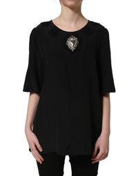 Dolce & Gabbana Dolce & Gabbana Black Floral Silk Heart Appliqué Blouse Women's Top