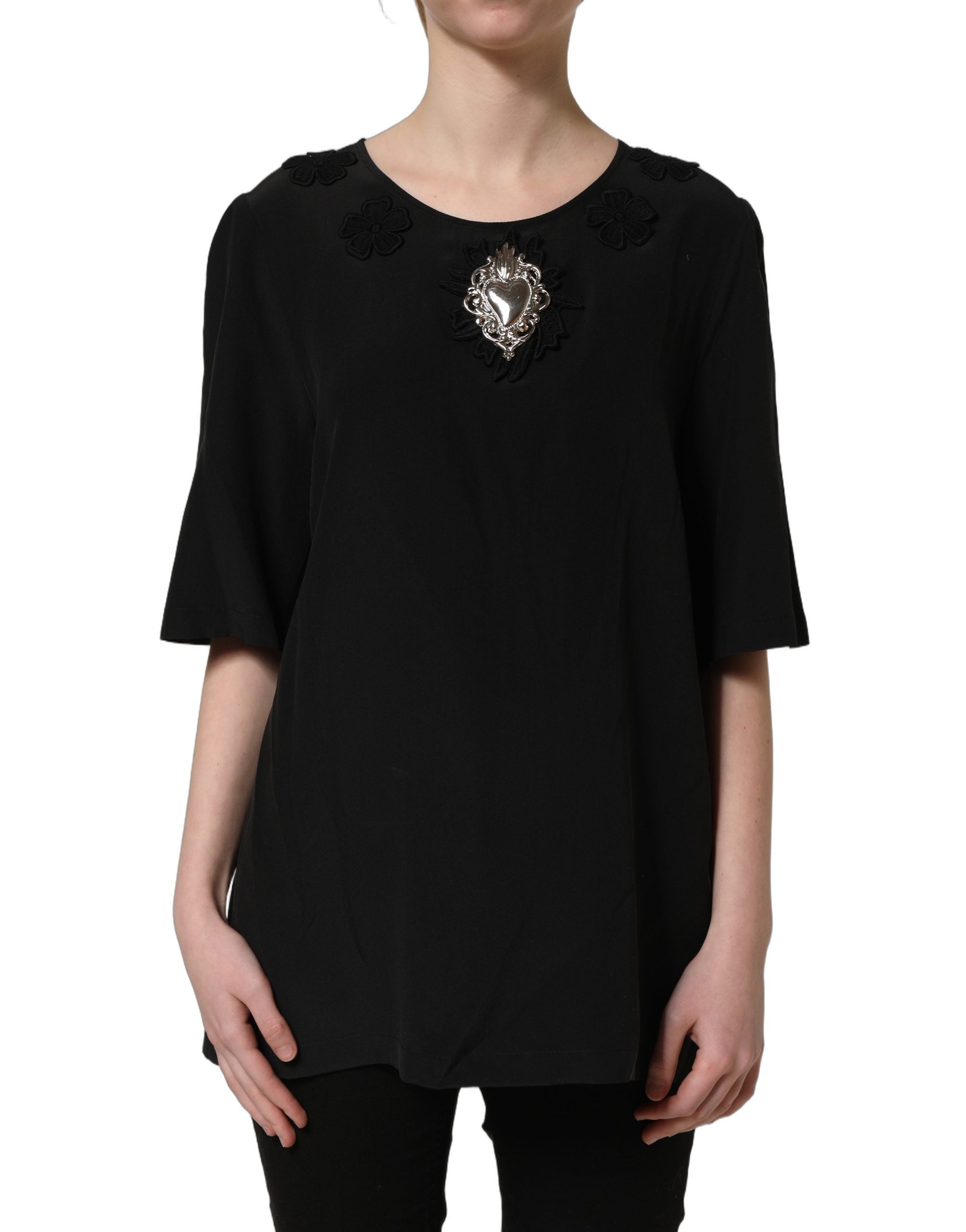 Dolce & Gabbana Dolce & Gabbana Black Floral Silk Heart Appliqué Blouse Women's Top