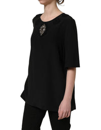Dolce & Gabbana Dolce & Gabbana Black Floral Silk Heart Appliqué Blouse Women's Top