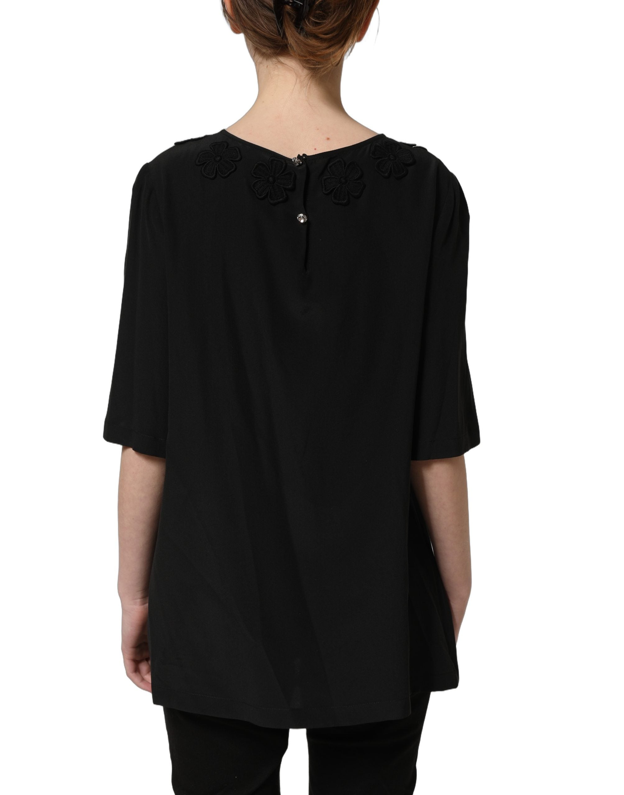 Dolce & Gabbana Dolce & Gabbana Black Floral Silk Heart Appliqué Blouse Women's Top