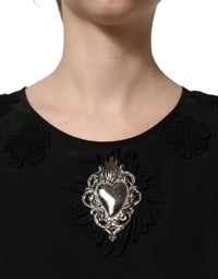 Dolce & Gabbana Dolce & Gabbana Black Floral Silk Heart Appliqué Blouse Women's Top