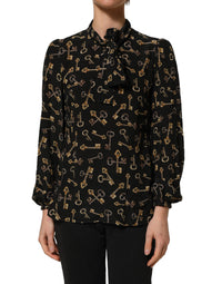 Dolce & Gabbana Dolce & Gabbana Black Keys Print Silk Tie Neck Blouse Women's Top