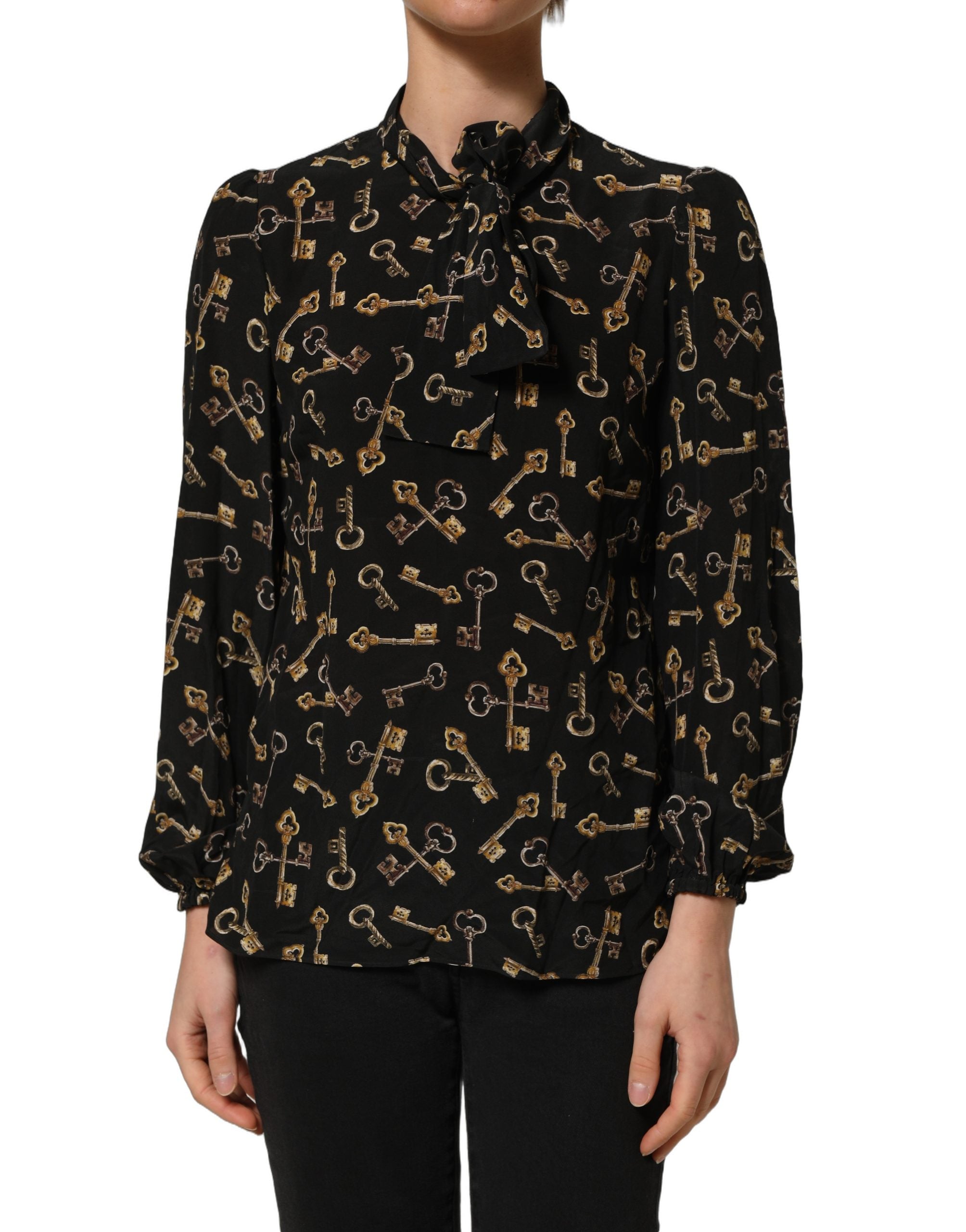 Dolce & Gabbana Dolce & Gabbana Black Keys Print Silk Tie Neck Blouse Women's Top