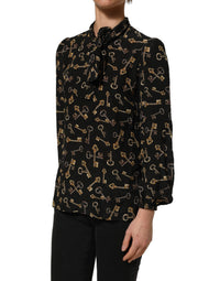Dolce & Gabbana Dolce & Gabbana Black Keys Print Silk Tie Neck Blouse Women's Top