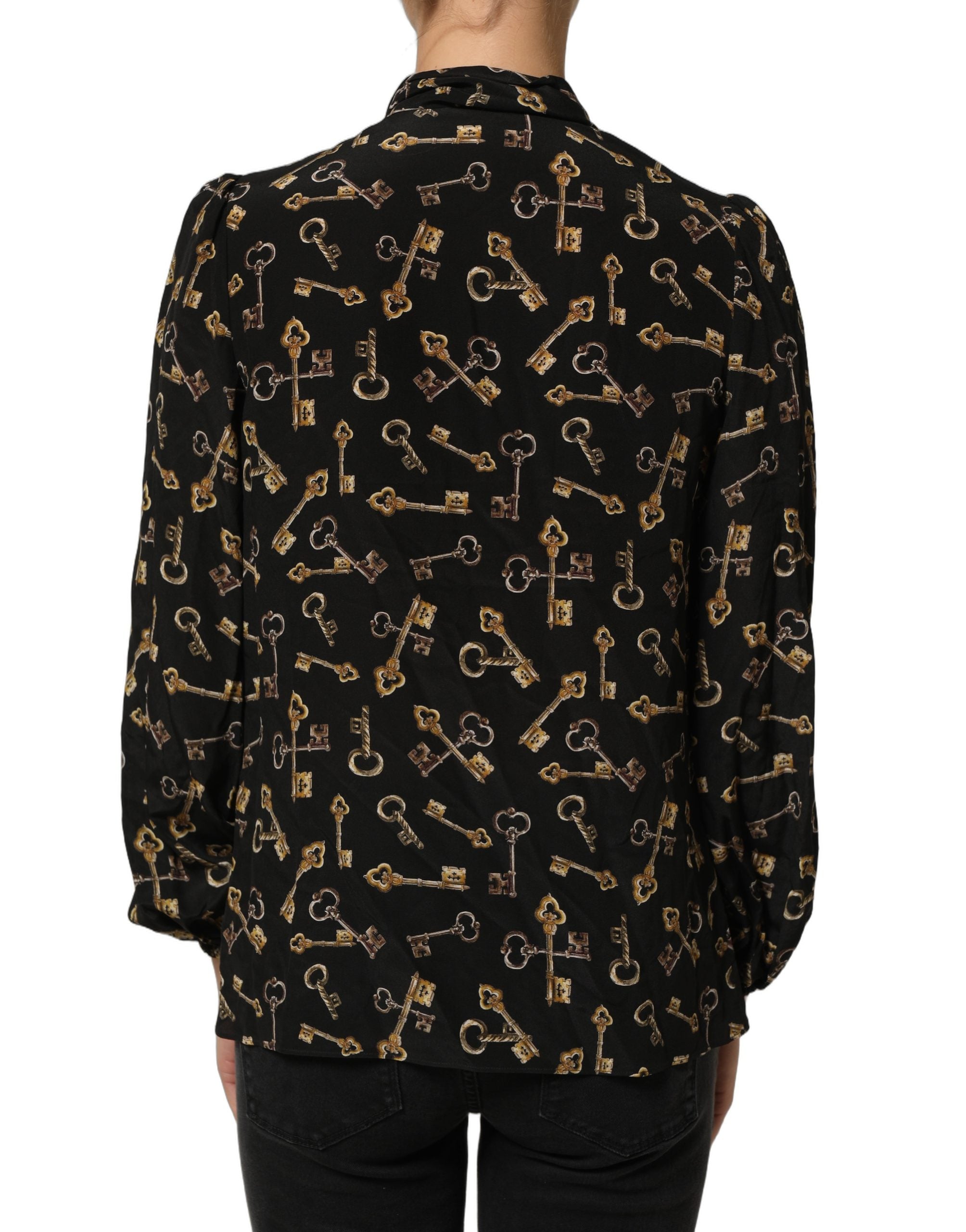 Dolce & Gabbana Dolce & Gabbana Black Keys Print Silk Tie Neck Blouse Women's Top