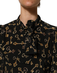 Dolce & Gabbana Dolce & Gabbana Black Keys Print Silk Tie Neck Blouse Women's Top