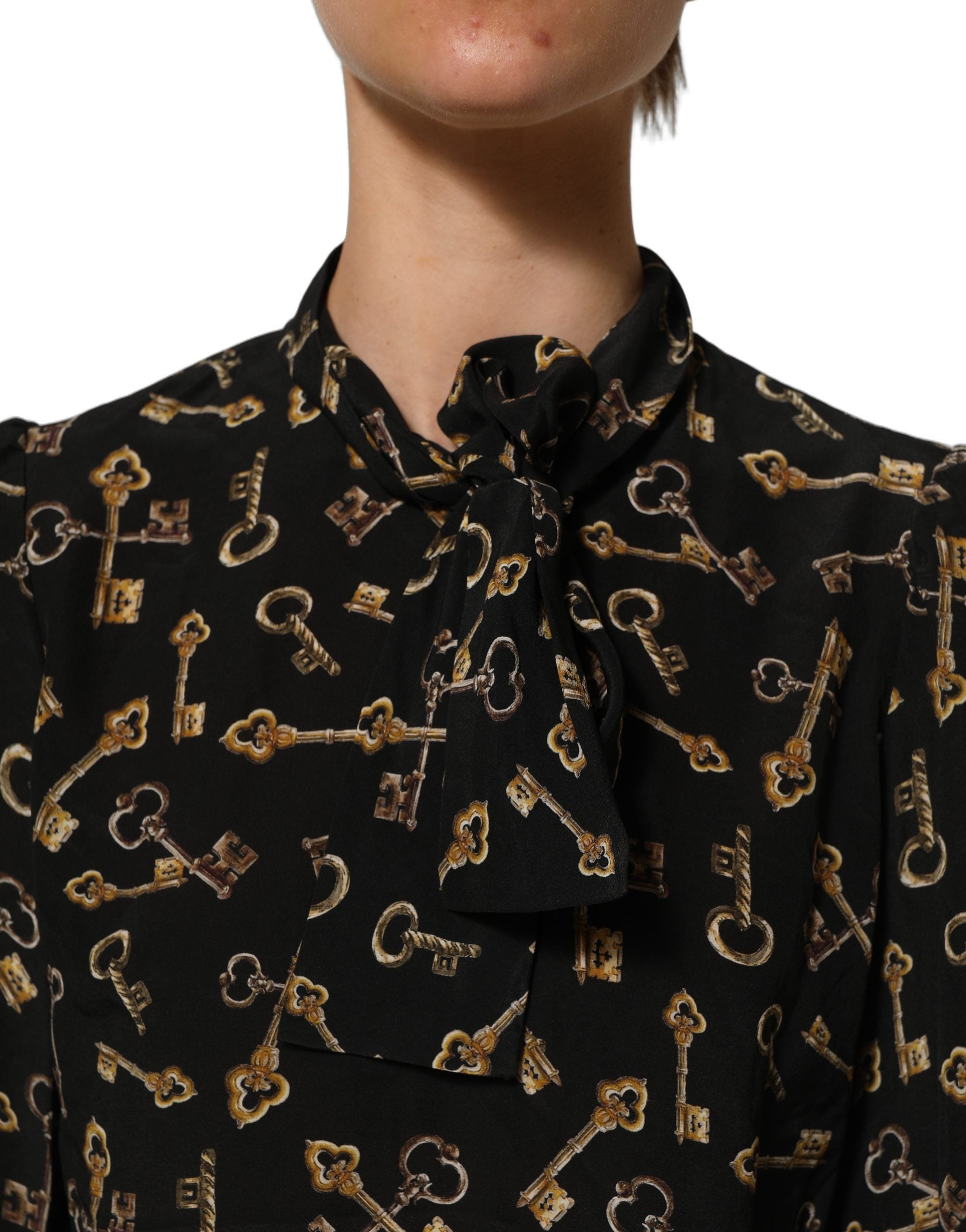 Dolce & Gabbana Dolce & Gabbana Black Keys Print Silk Tie Neck Blouse Women's Top
