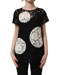 Dolce & Gabbana Dolce & Gabbana Black White Floral Lace Short Sleeve Blouse Women's Top