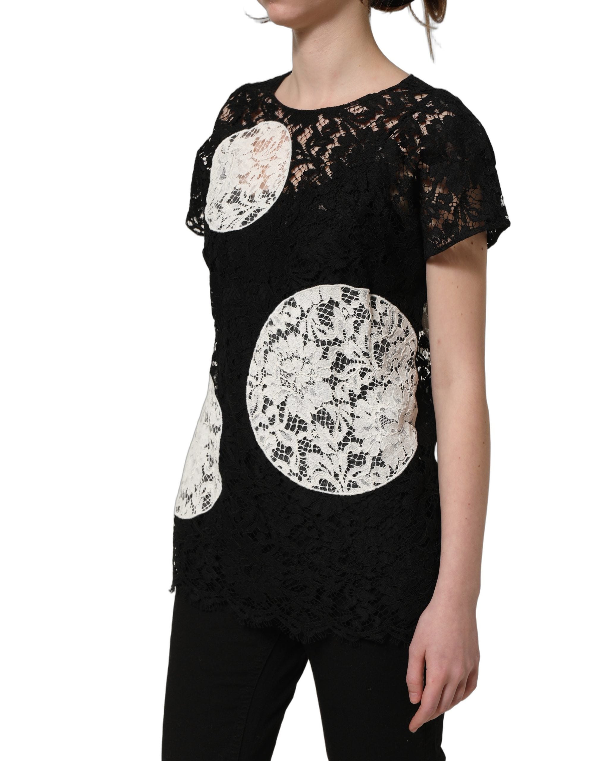 Dolce & Gabbana Dolce & Gabbana Black White Floral Lace Short Sleeve Blouse Women's Top