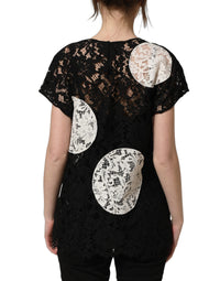 Dolce & Gabbana Dolce & Gabbana Black White Floral Lace Short Sleeve Blouse Women's Top