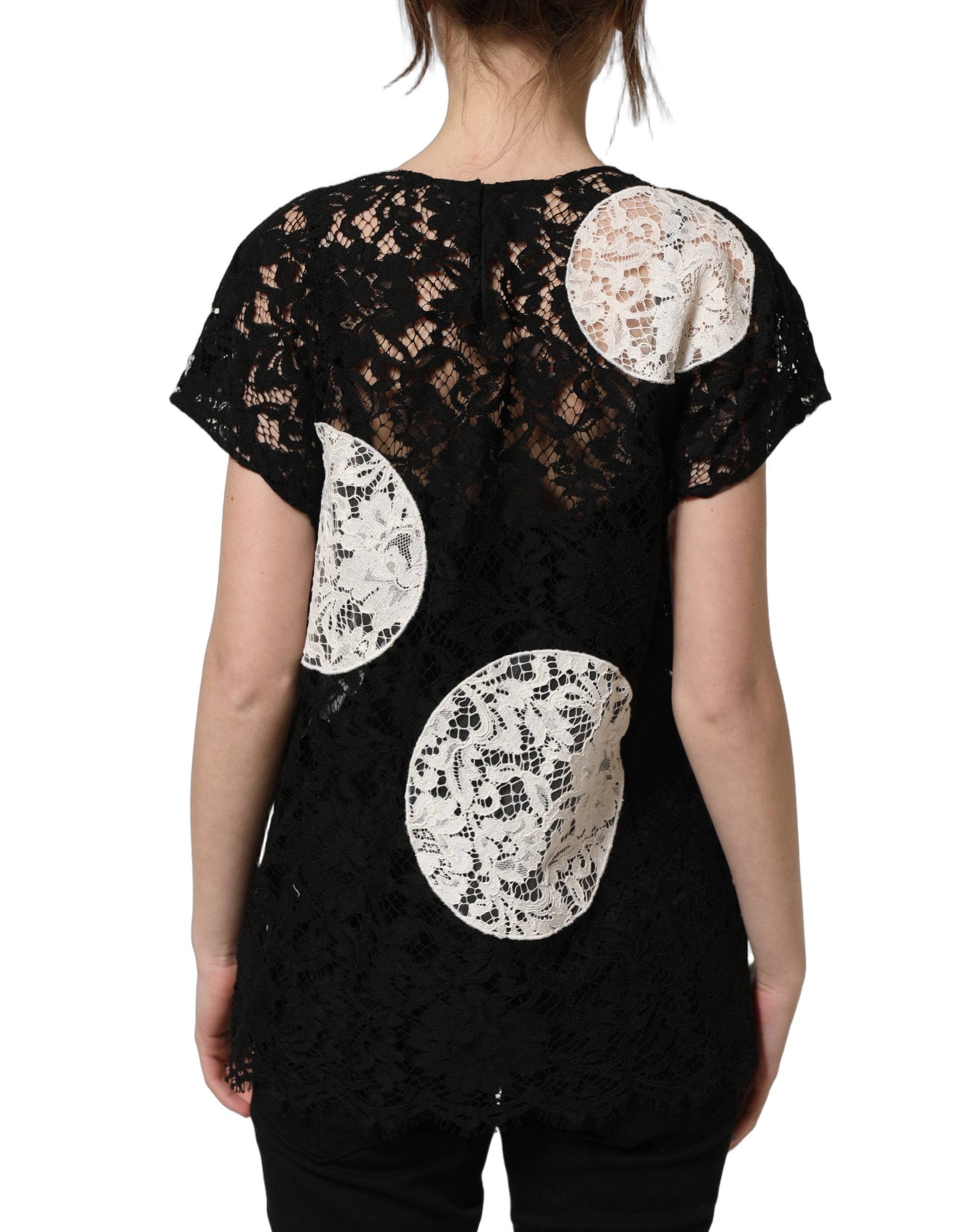Dolce & Gabbana Dolce & Gabbana Black White Floral Lace Short Sleeve Blouse Women's Top