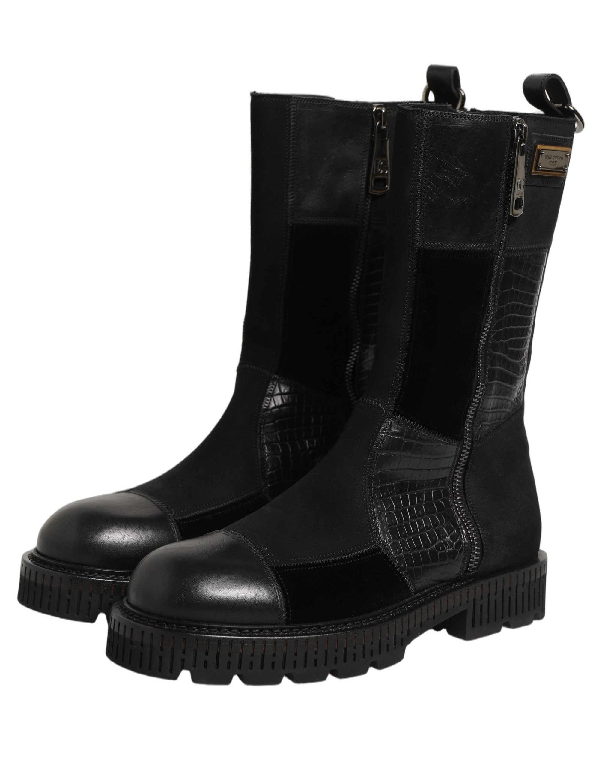 Dolce & Gabbana Dolce & Gabbana Black Patchwork Leather Mid Calf Boots Men's Shoes