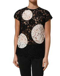 Dolce & Gabbana Dolce & Gabbana Black White Floral Lace Short Sleeve Blouse Women's Top