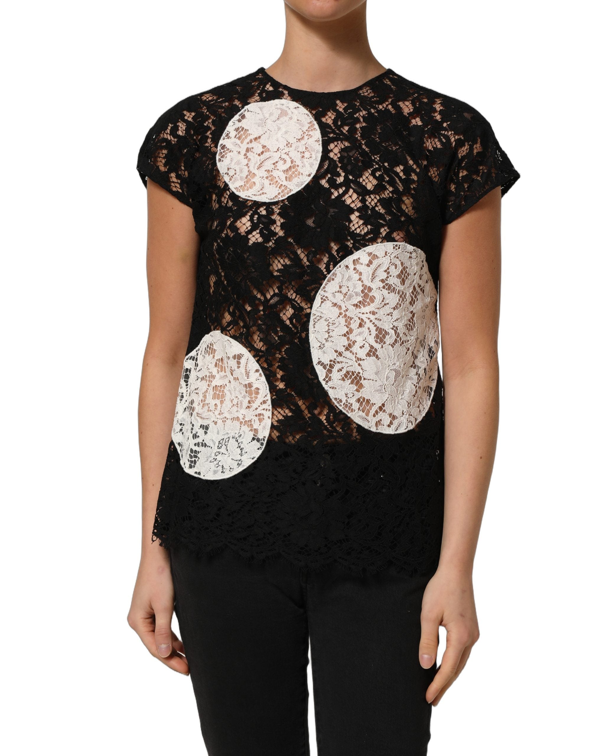 Dolce & Gabbana Dolce & Gabbana Black White Floral Lace Short Sleeve Blouse Women's Top