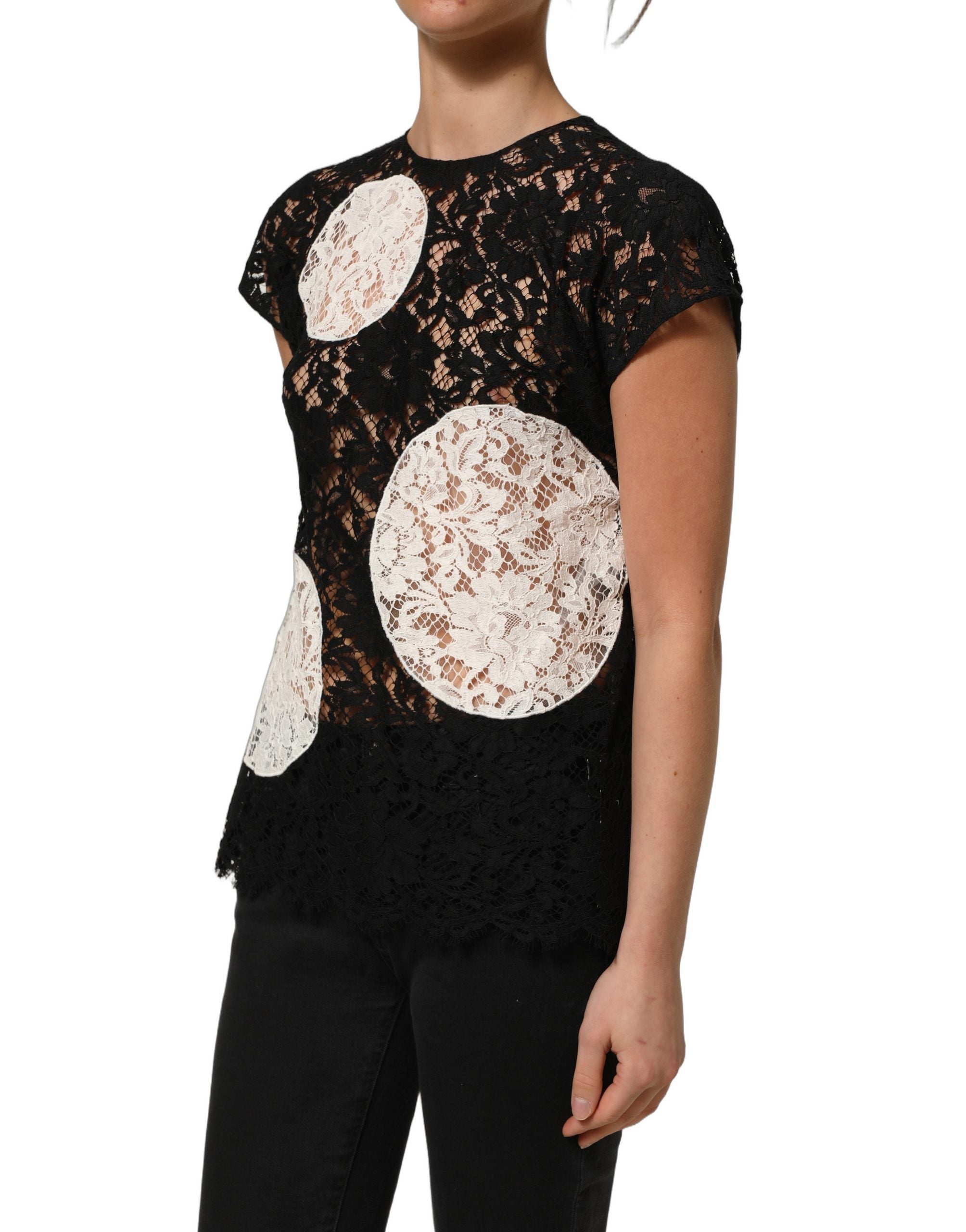 Dolce & Gabbana Dolce & Gabbana Black White Floral Lace Short Sleeve Blouse Women's Top