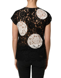 Dolce & Gabbana Dolce & Gabbana Black White Floral Lace Short Sleeve Blouse Women's Top
