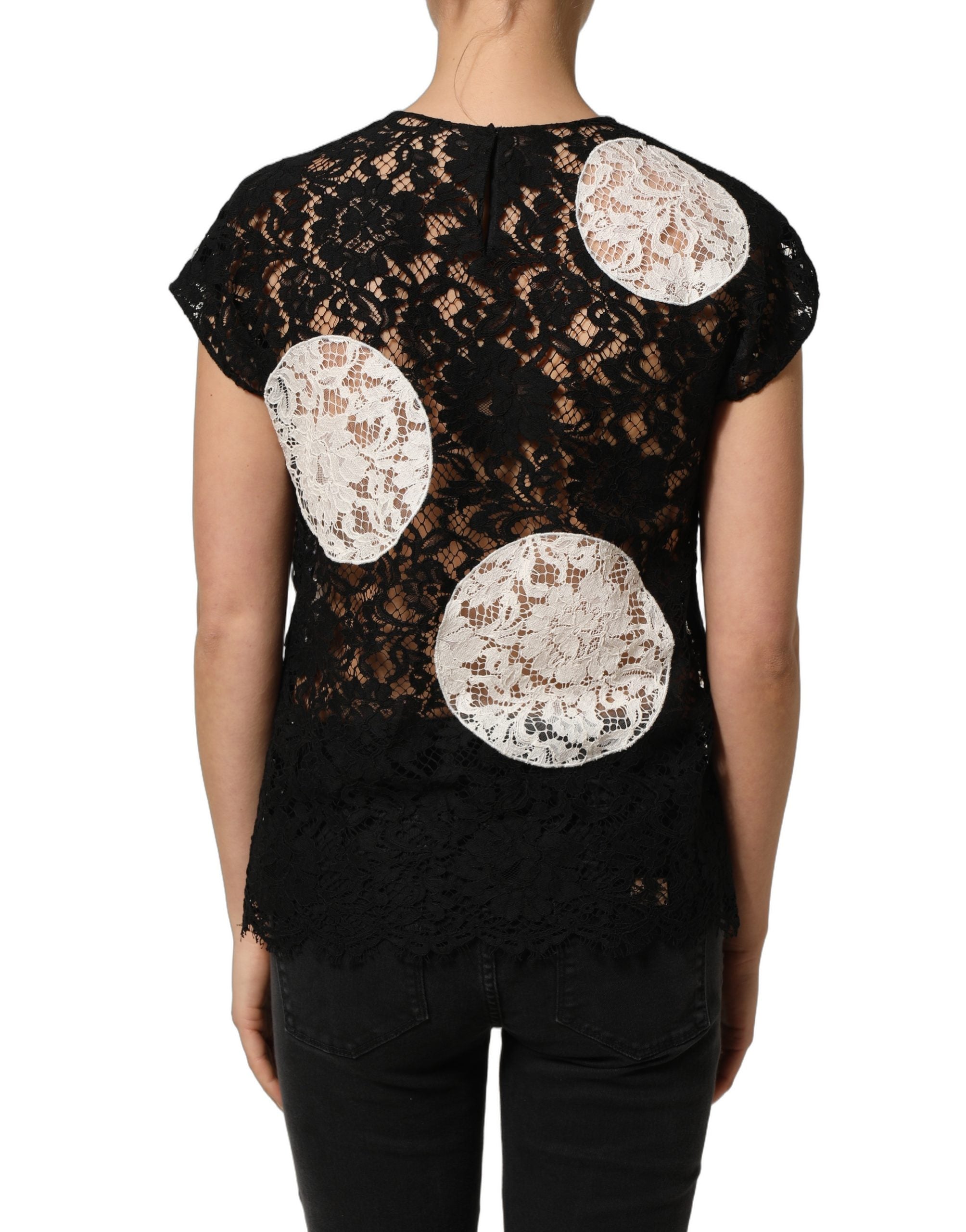Dolce & Gabbana Dolce & Gabbana Black White Floral Lace Short Sleeve Blouse Women's Top