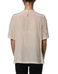 Dolce & Gabbana Dolce & Gabbana Beige Lace Trim Bow Short Sleeves Blouse Women's Top