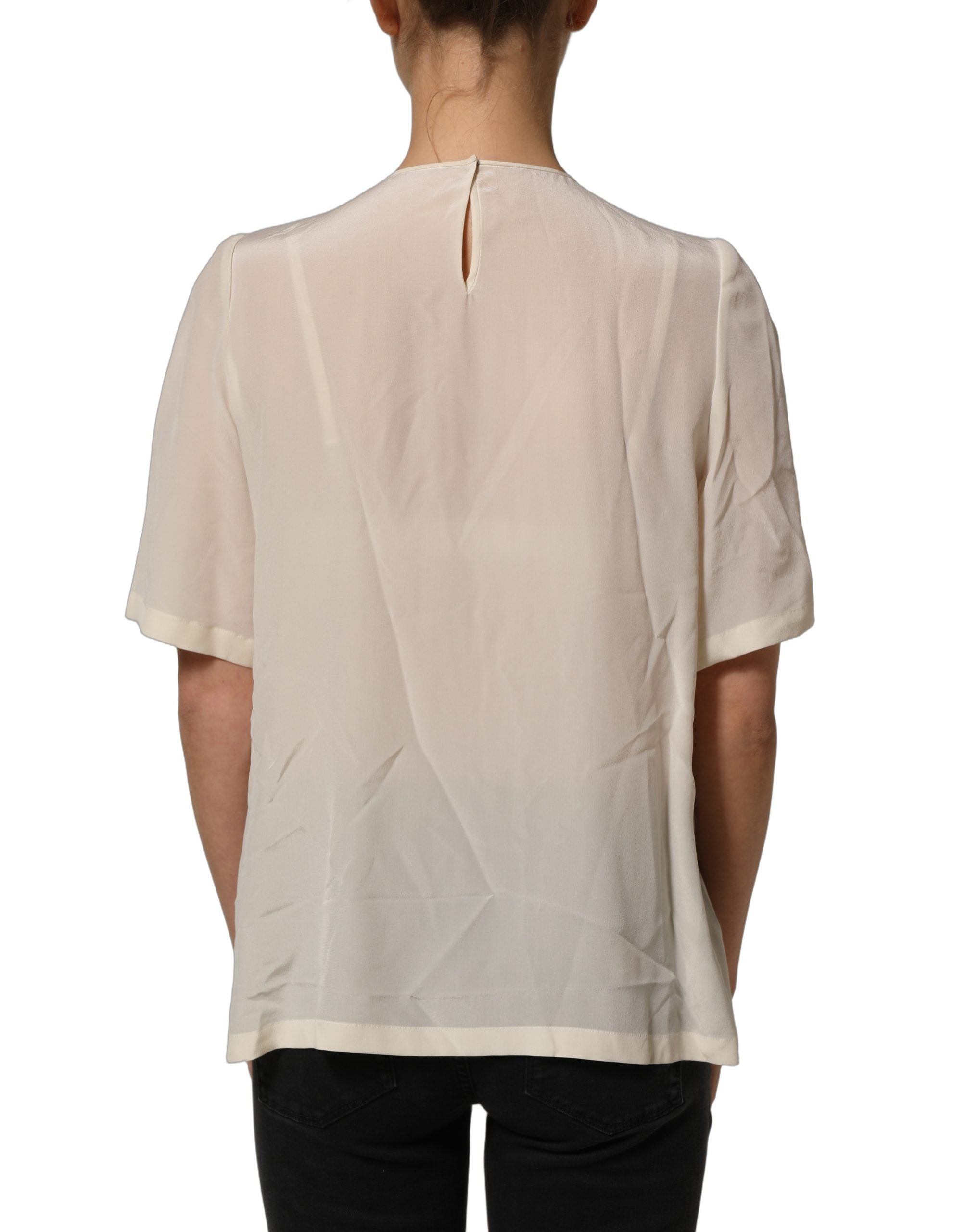 Dolce & Gabbana Dolce & Gabbana Beige Lace Trim Bow Short Sleeves Blouse Women's Top