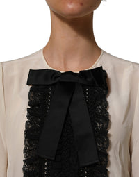 Dolce & Gabbana Dolce & Gabbana Beige Lace Trim Bow Short Sleeves Blouse Women's Top
