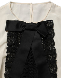 Dolce & Gabbana Dolce & Gabbana Beige Lace Trim Bow Short Sleeves Blouse Women's Top