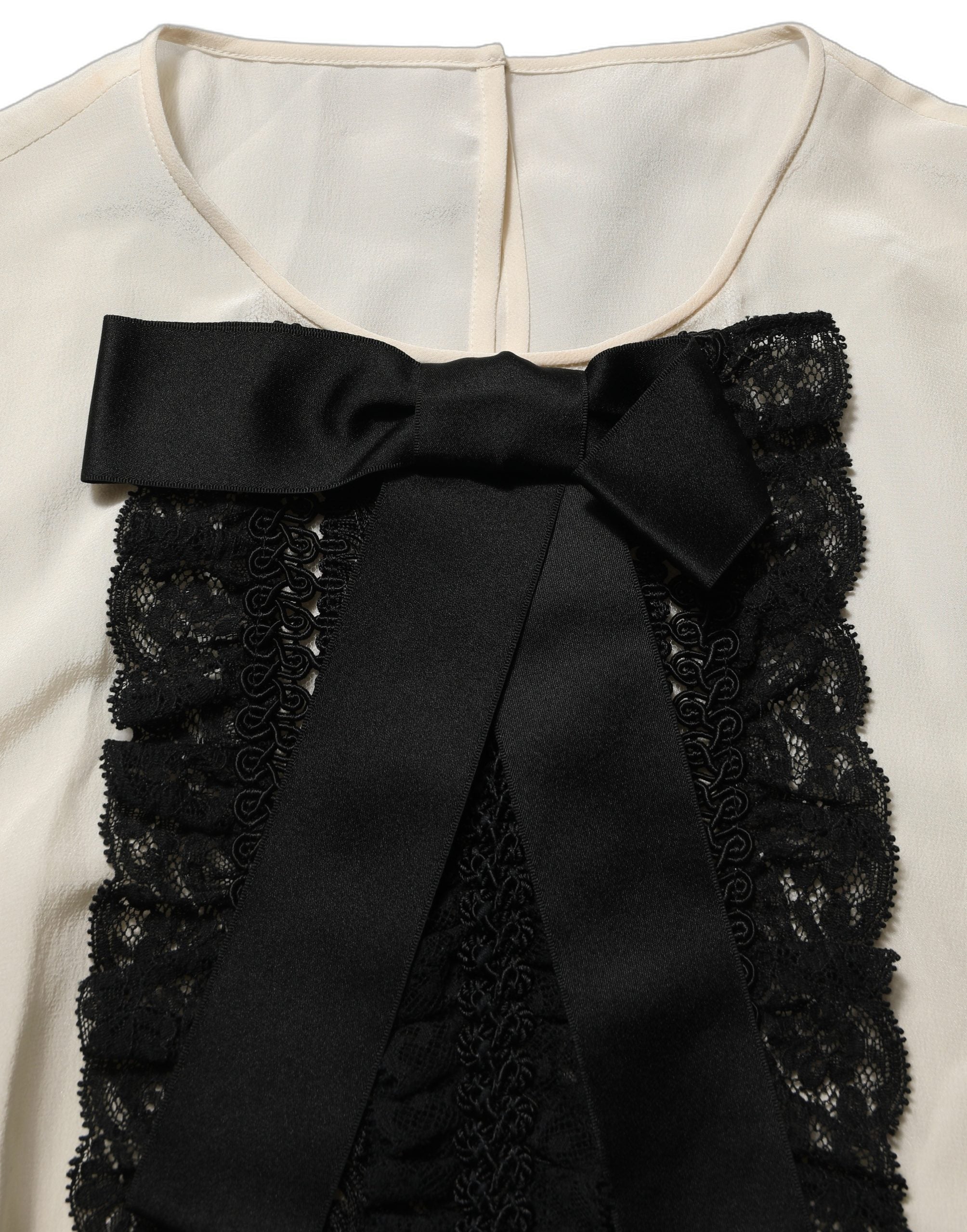 Dolce & Gabbana Dolce & Gabbana Beige Lace Trim Bow Short Sleeves Blouse Women's Top