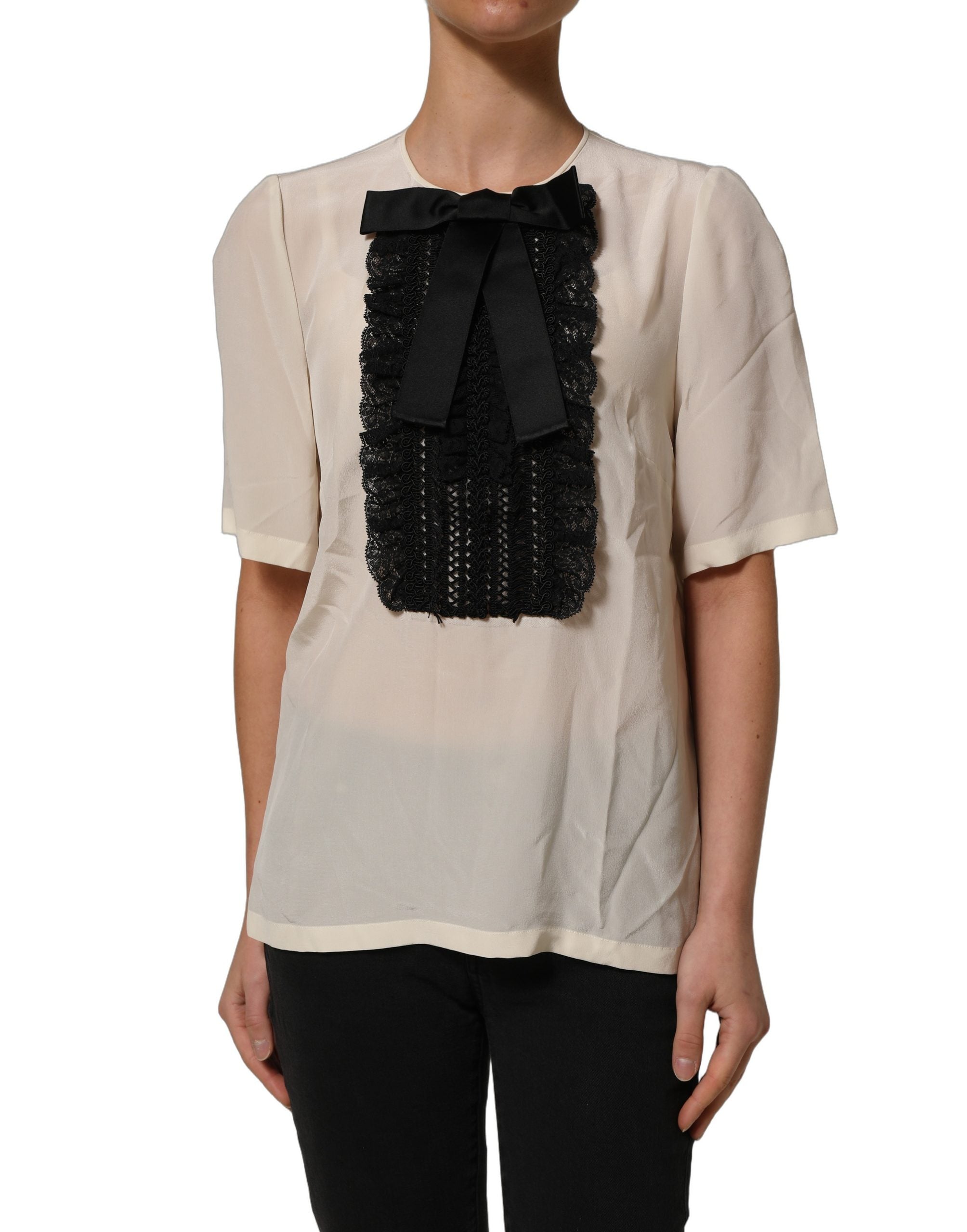 Dolce & Gabbana Dolce & Gabbana Beige Lace Trim Bow Short Sleeves Blouse Women's Top