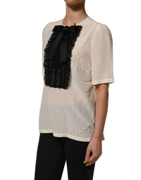 Dolce & Gabbana Dolce & Gabbana Beige Lace Trim Bow Short Sleeves Blouse Women's Top