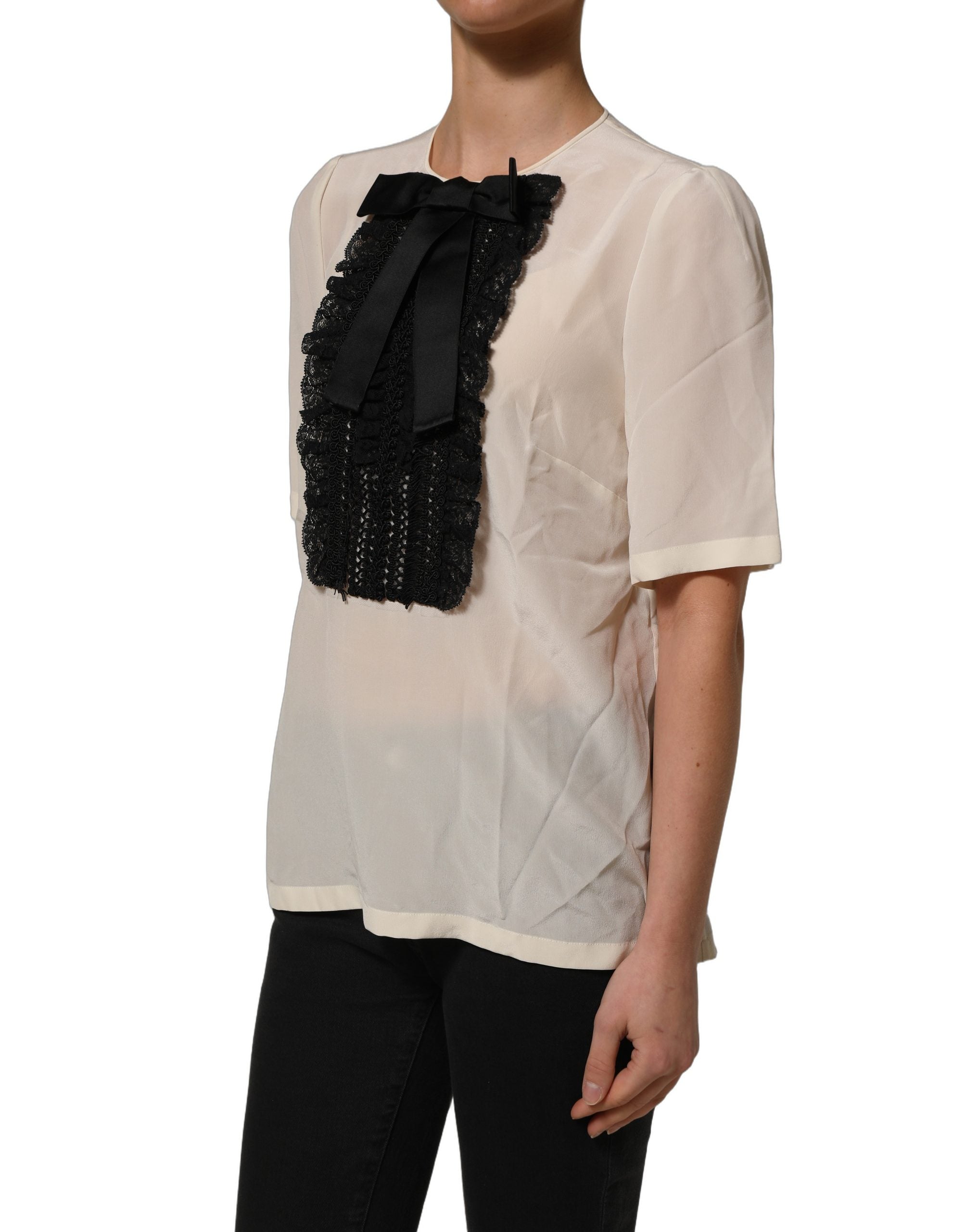 Dolce & Gabbana Dolce & Gabbana Beige Lace Trim Bow Short Sleeves Blouse Women's Top
