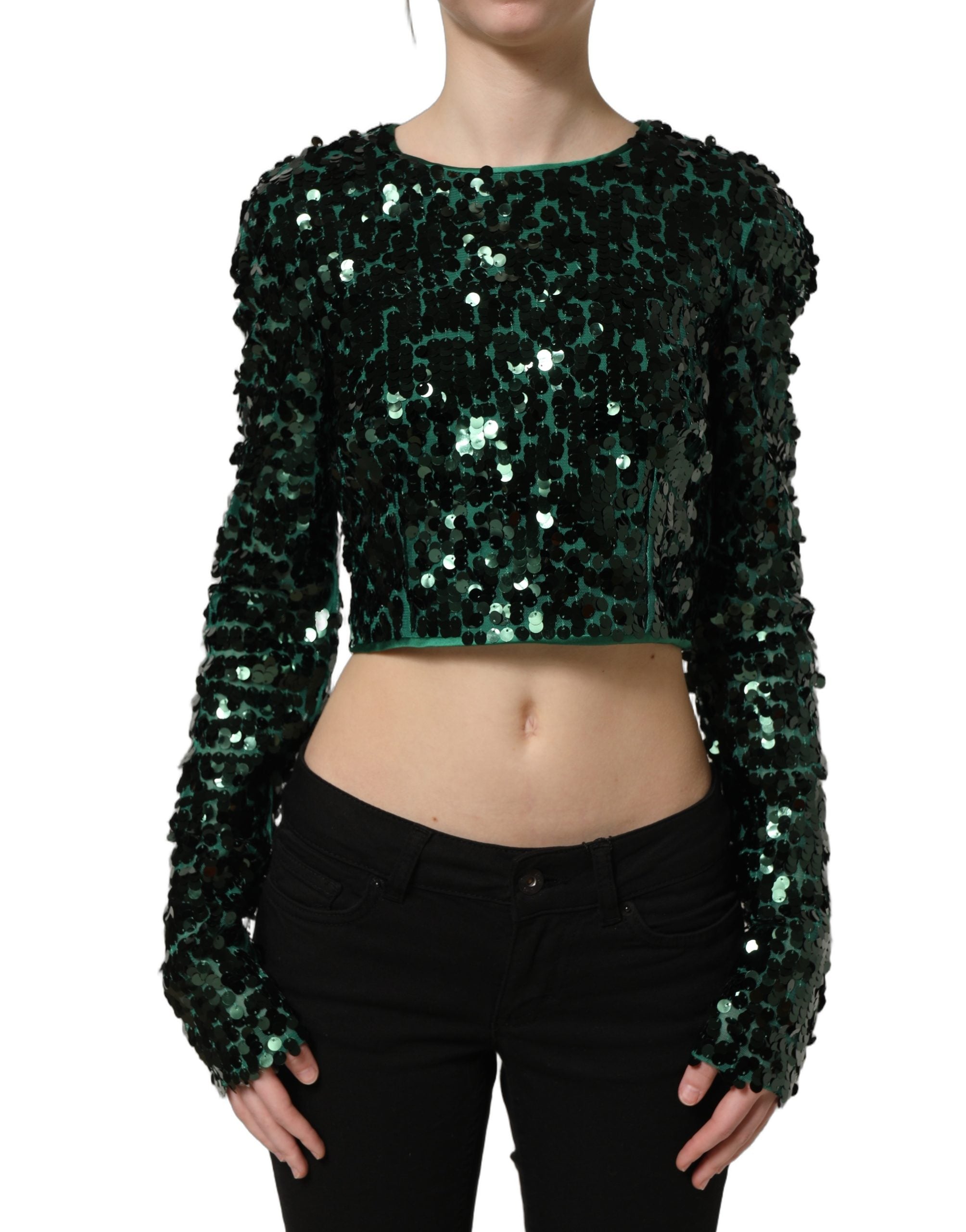 Dolce & Gabbana Dolce & Gabbana Green Sequined Long Sleeves Crop Blouse Women's Top