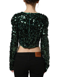 Dolce & Gabbana Dolce & Gabbana Green Sequined Long Sleeves Crop Blouse Women's Top