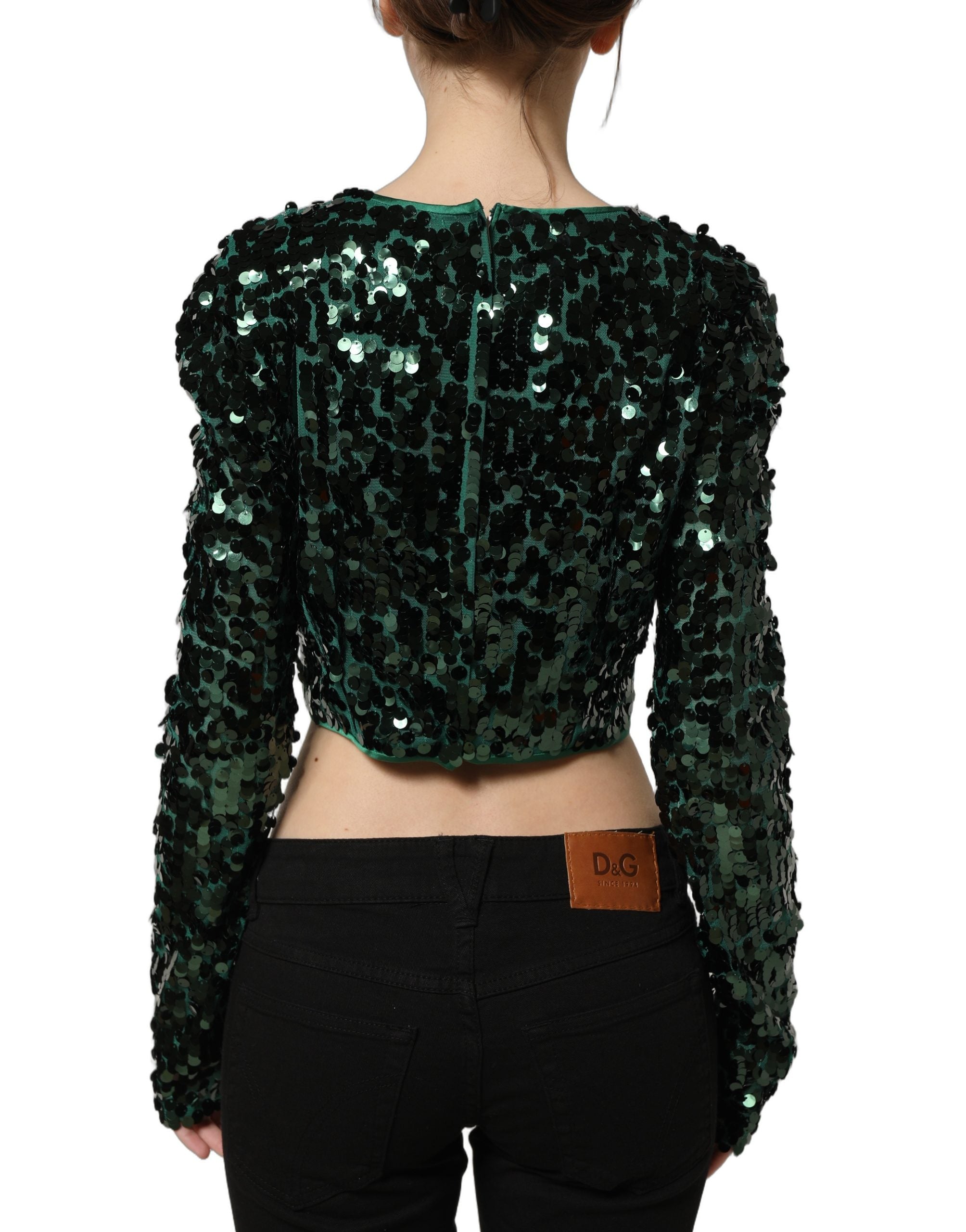 Dolce & Gabbana Dolce & Gabbana Green Sequined Long Sleeves Crop Blouse Women's Top