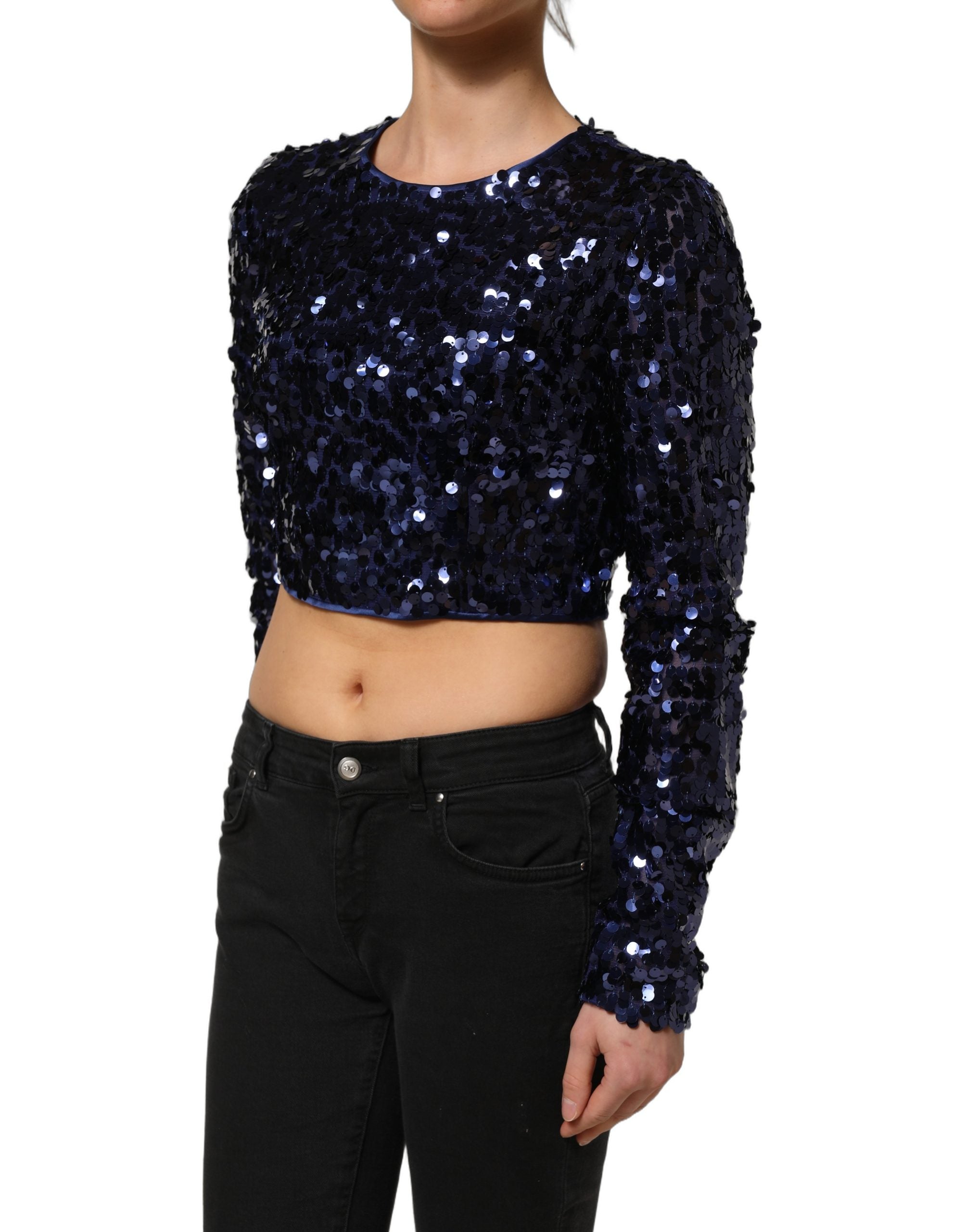 Dolce & Gabbana Dolce & Gabbana Blue Sequined Long Sleeves Crop Blouse Women's Top