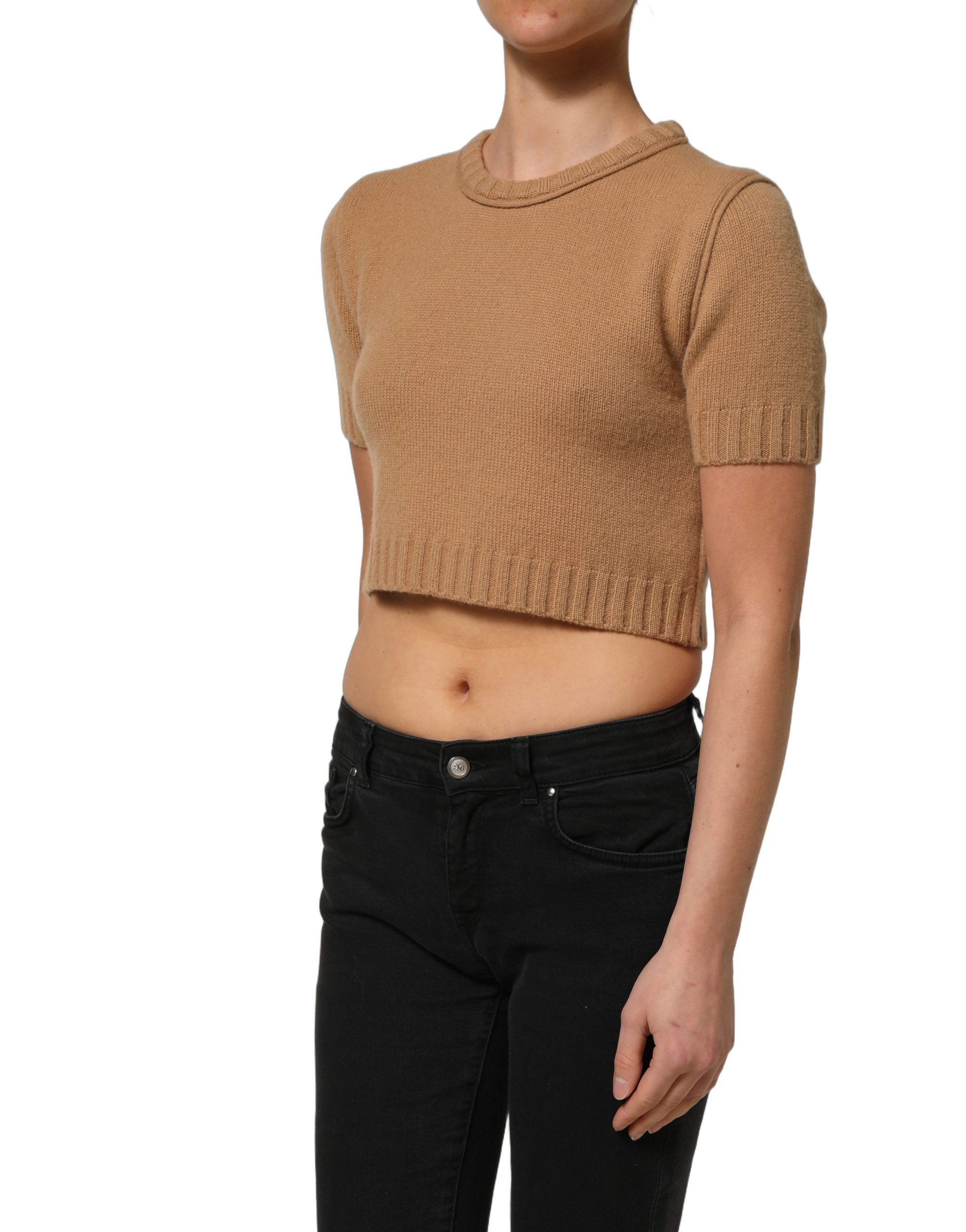 Dolce & Gabbana Dolce & Gabbana Brown Wool Short Sleeves Cropped Blouse Women's Top