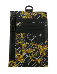 Versace Jeans Couture Black Gold Leather Baroque Brush Pattern Lanyard Cardholder
