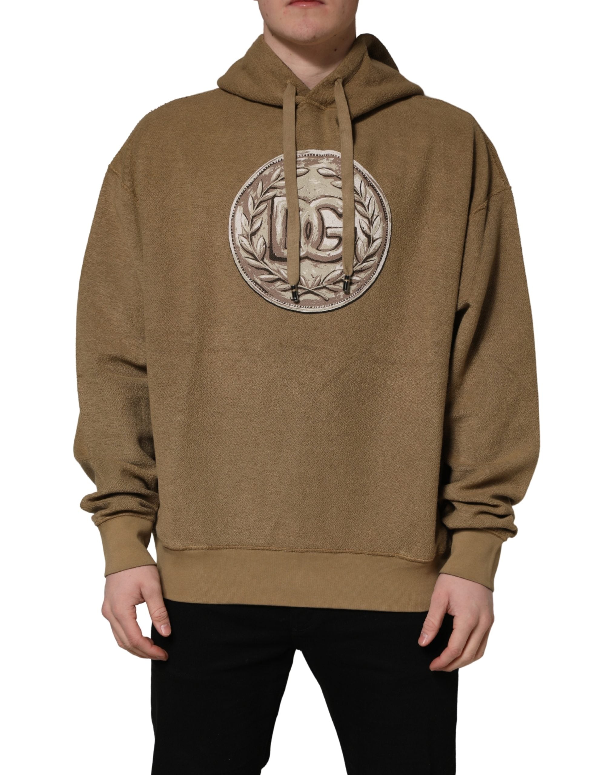 Dolce & Gabbana Dolce & Gabbana Brown Cotton Logo Coin Hooded Pullover Men's Sweater