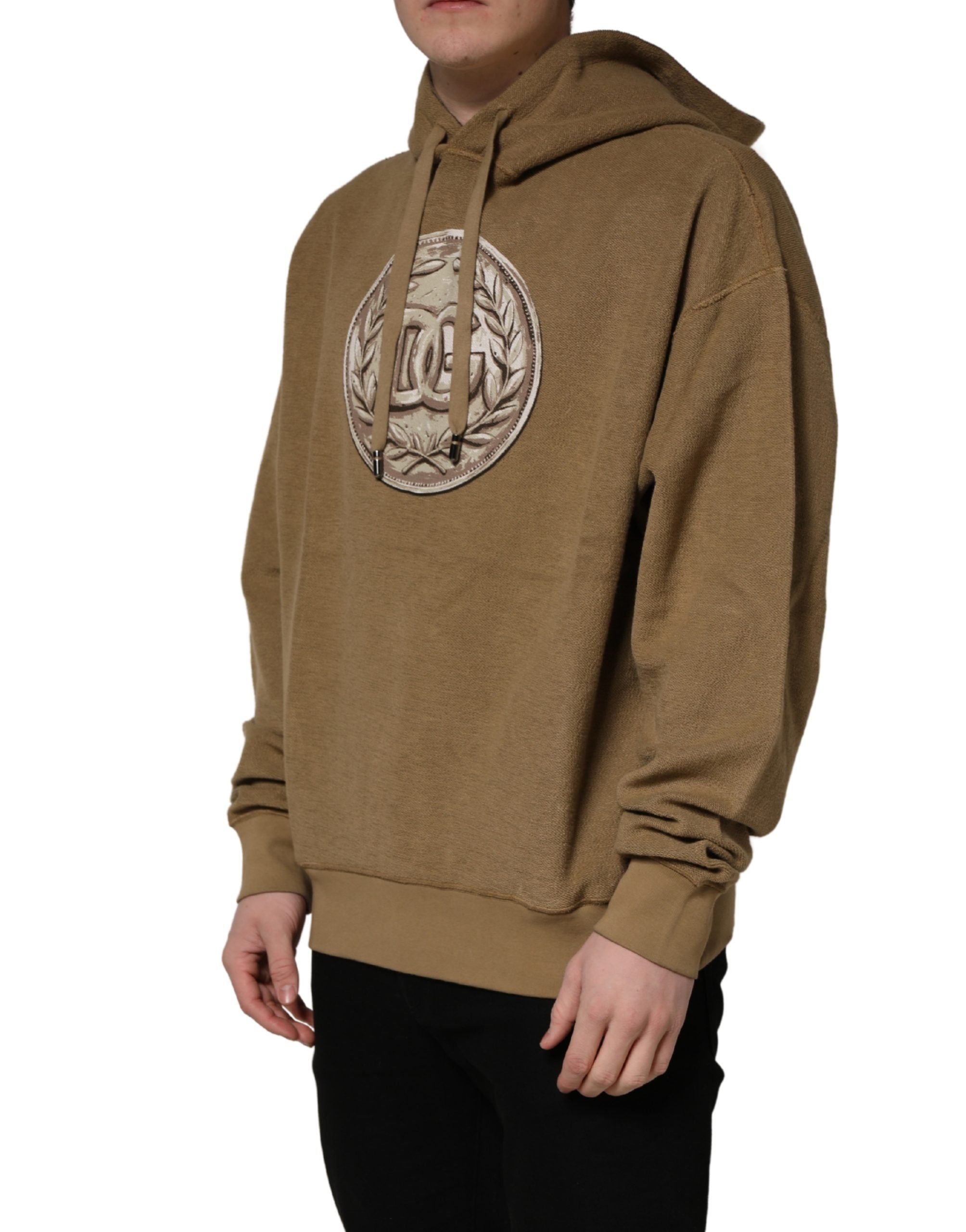 Dolce & Gabbana Dolce & Gabbana Brown Cotton Logo Coin Hooded Pullover Men's Sweater