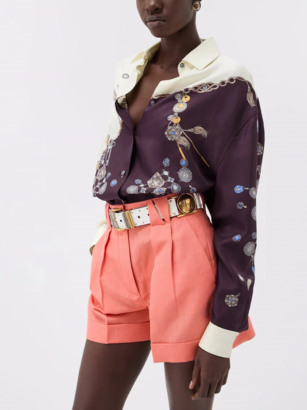 Versace Women Printed Silk Twill Shirt Stolen Jewels Print