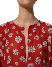 Dolce & Gabbana Red Floral V-neck Polyester Kaftan Blouse Women's Top
